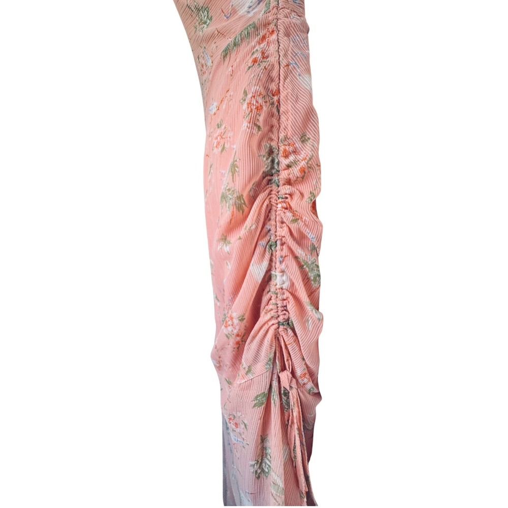 Banana Republic L One Shoulder Peach Floral Ruched Midi Slip Wedding Guest Dress - Picture 7 of 14